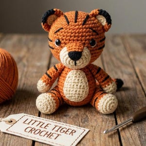 May include: A crocheted tiger toy in orange, black, and cream colors. The tiger has black stripes, a cream-colored belly, and a black nose. A tag reads "LITTLE TIGER CROCHET". A ball of orange yarn and a crochet hook are also visible.