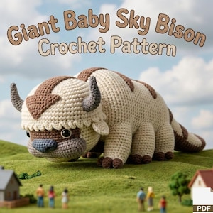 Może przedstawiać: Szydełkowa pluszowa zabawka Sky Bison w kolorze kremowym, brązowym i szarym, z napisem "Giant Baby Sky Bison Crochet Pattern". Pluszak znajduje się na zielonym, trawiastym wzgórzu z miniaturowymi domami i ludźmi w tle.