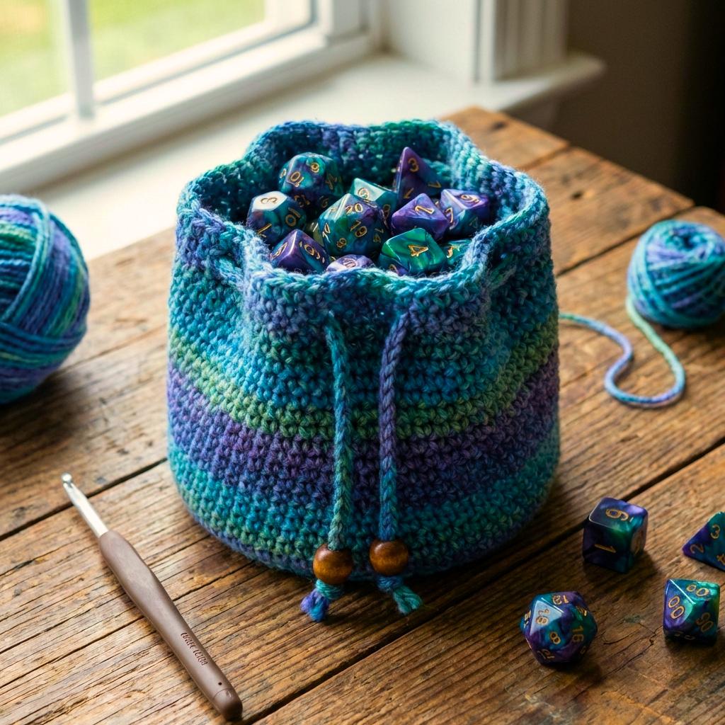 30 DnD Crochet Patterns for Dice Bags, Plushies, and Tabletop Gifts 23 Crochet Striped Dice Bag Pattern