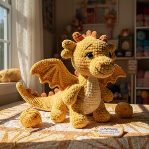 Pode incluir: Um dragão de crochê amarelo dourado com grandes asas, uma longa cauda e uma expressão amigável. O dragão é feito à mão e está sentado em uma superfície estampada. Uma pequena etiqueta diz "Sunshine No Sew Dragon Crochet."