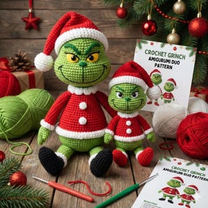 May include: Two crocheted Grinch dolls in Santa hats and red outfits with white trim. They sit on a wooden surface with yarn, crochet hooks, and a pattern reading "Crochet Grinch Amigurumi Duo Pattern".