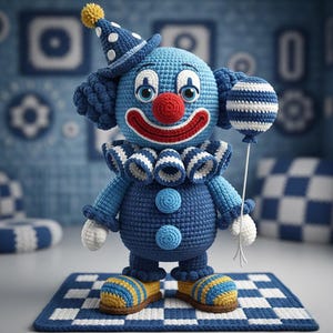 Puede incluir: Muñeca de payaso de ganchillo hecha a mano en tonos azules, blancos, rojos y amarillos. El payaso tiene un sombrero de lunares, una nariz roja y una gran sonrisa. Sostiene un globo a rayas y está sobre una alfombra a cuadros azul y blanca.