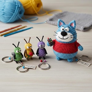 May include: A collection of handmade crochet keychains featuring a blue cat holding a remote, and three colorful bug-like creatures. The cat wears a red and blue striped sweater. The keychains have silver rings and small tags that read "OGGY & CO. Handmade."