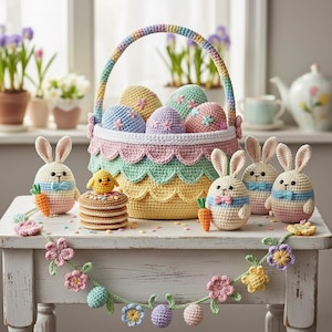May include: A pastel-colored crochet Easter basket filled with decorated eggs. Crochet bunny figures with carrots and bow ties are arranged around the basket. A garland of crochet flowers and eggs decorates the table, creating a festive Easter theme.