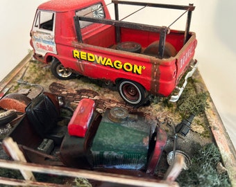 Dodge van, moparmuscle, surf taxi, rusty, junkyard, modelcar, 1/24 scale, red wagon diorama.