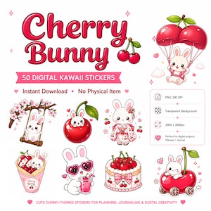 50 söta digitala klistermärken med körsbärskanin i PNG | Kawaii-planerarklistermärken | Direkt nedladdning