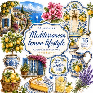 May include: A collection of 35 watercolor stickers with a Mediterranean lemon lifestyle theme. The stickers feature lemons, coastal scenes, floral arrangements, and the text "Mediterranean lemon lifestyle" and "La Dolce Vita".