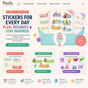 Peut inclure: Une page web présentant des autocollants pour la planification et la décoration. Le design comprend des catégories d'autocollants fonctionnels, de style de vie et décoratifs. Le texte indique "Stickers for Every Day" et "Over 102 Stickers".