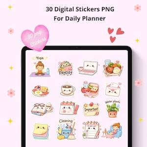 Peut inclure: Une tablette numérique affiche 30 autocollants PNG pour un agenda quotidien. Les autocollants présentent des illustrations mignonnes de yoga, de paie, d'un ordinateur portable, de nourriture, de café, d'une boîte à lunch, d'une enveloppe, de livres, d'un calendrier, d'une note importante, de plantes aquatiques, de produits de nettoyage et d'une liste de tâches.