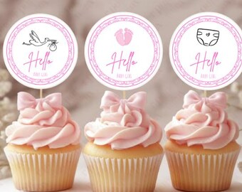 Adornos para cupcakes de baby shower de niña / Decoraciones rosas para baby shower (PDF imprimible de 2.5/3.0/3.5 pulgadas)