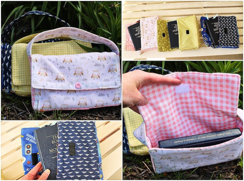 May include: Handmade fabric book covers and bags in various patterns. The bags feature owl and geometric prints, with a button closure and handle. The covers have a rectangular shape and are designed to protect books. The interior of the bags is lined with a pink gingham fabric.