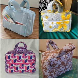 Puede incluir: Cuatro bolsas de cremallera de tela diferentes con asas. Las bolsas son de varios colores y patrones, incluyendo azul con rayas blancas, gris con flores amarillas, rosa con formas geom&eacute;tricas azules y blancas, y marr&oacute;n con un patr&oacute;n floral morado claro.