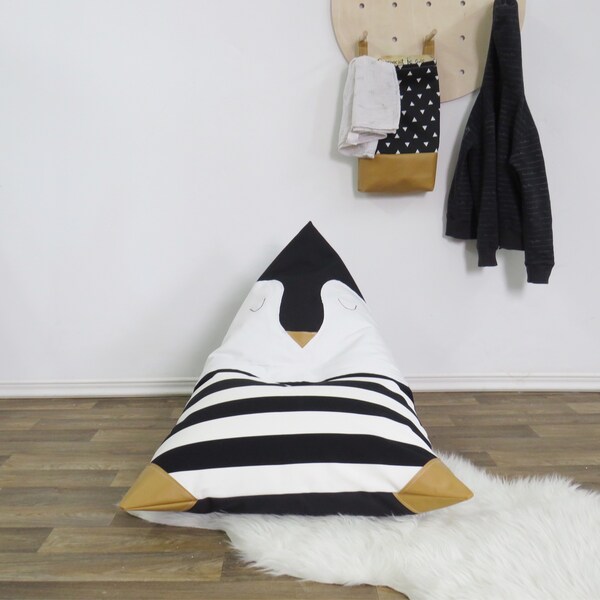 Pinguin Kids Bean Bag Chair - Toddler Striped Pinguin Pouf Bean Bag - Striped Black and White Fabric and Mustard Leatherette -Pinguin pillow
