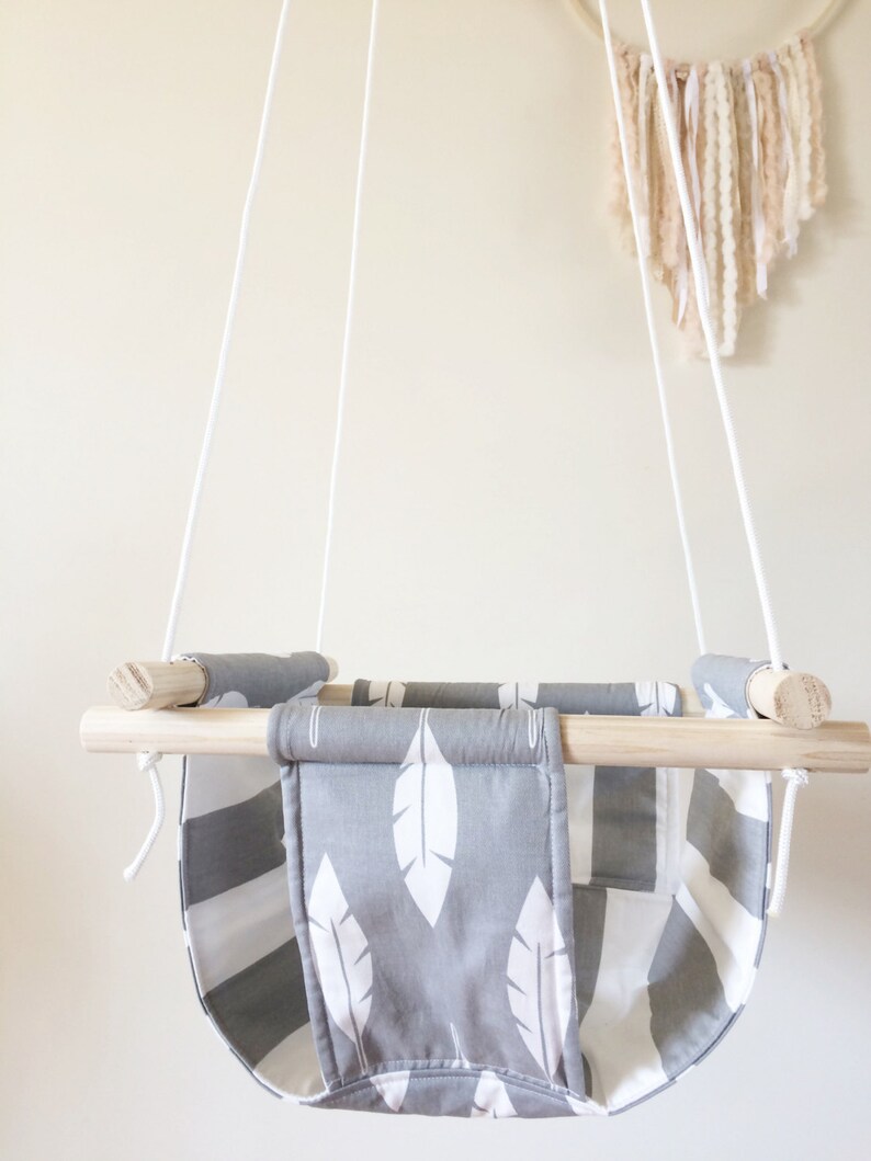 Gray Feathers Baby And Toddler Swing Fabric And Wood Interior Swing Feathers And Striped Fabric White And Gray
