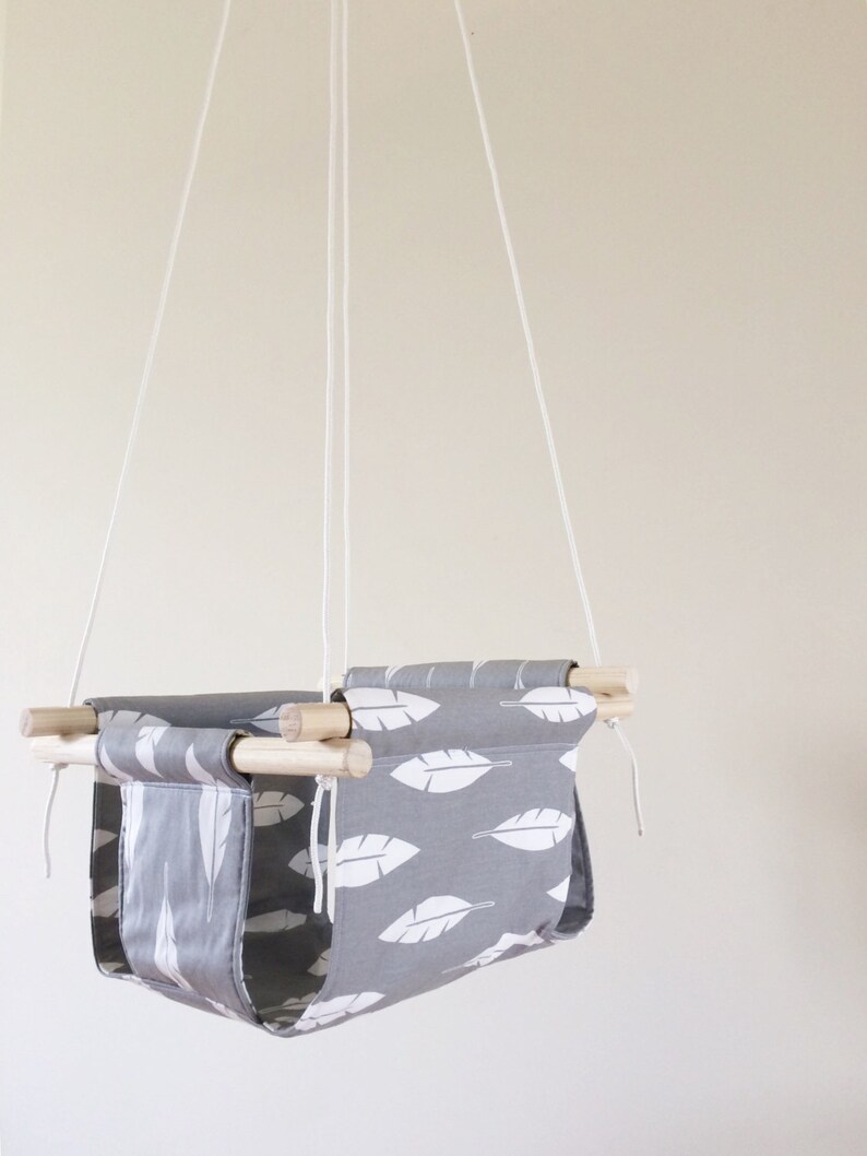 Gray Feathers Baby And Toddler Swing Fabric And Wood Interior Swing Feather Fabric Kids Swing White And Gray Swing