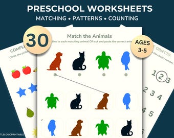 May include: Preschool worksheets with the text "PRESCHOOL WORKSHEETS MATCHING PATTERNS COUNTING". The worksheets include matching, counting, and pattern activities for ages 3-5. The image shows a dog, cat, turtle, and bird.