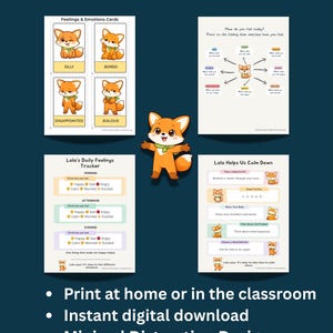 May include: Printable PDF with feelings and emotions cards, a daily feelings tracker, and a calming exercise guide. The cards feature a cartoon fox representing different emotions. Text includes "Silly", "Bored", "Disappointed", and "Jealous".