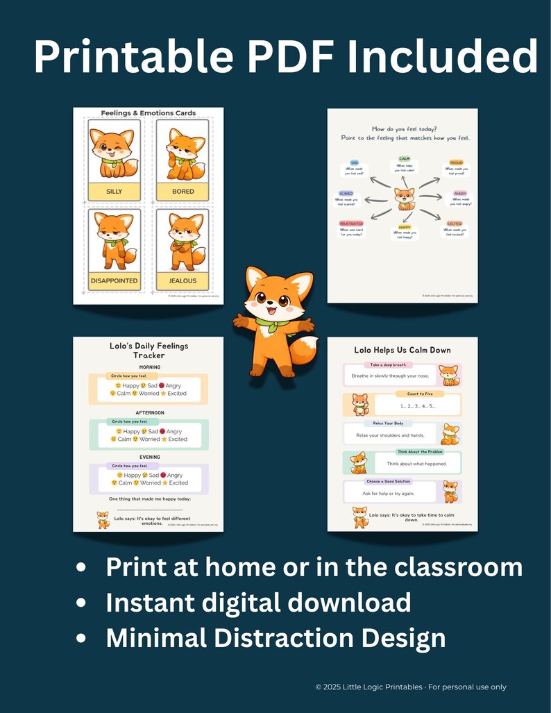 May include: Printable PDF with feelings and emotions cards, a daily feelings tracker, and a calming exercise guide. The cards feature a cartoon fox representing different emotions. Text includes "Silly", "Bored", "Disappointed", and "Jealous".