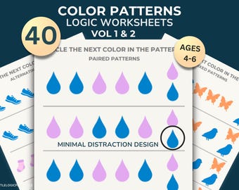 40 Color Pattern Worksheets for Preschool Logic Activities (Ages 4-6) (Digital Download)