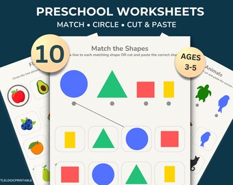 May include: Preschool worksheets with the text "PRESCHOOL WORKSHEETS MATCH CIRCLE CUT & PASTE". The worksheets include matching shapes, circling pictures, and cutting and pasting activities for ages 3-5. The image shows colourful shapes and fruit.