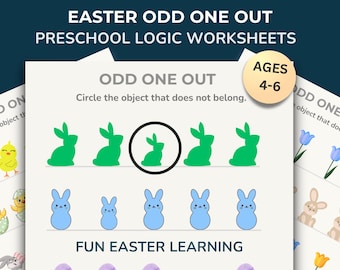 May include: Easter-themed preschool logic worksheet with the text "Easter Odd One Out Preschool Logic Worksheets." The worksheet features green bunny and blue bunny graphics, with the text "Odd One Out" and "Fun Easter Learning."