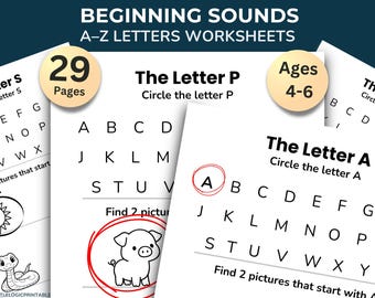 May include: A set of 29 educational worksheets titled BEGINNING SOUNDS A-Z LETTERS WORKSHEETS for ages 4-6. The white pages feature black text, alphabet grids, and line art illustrations of animals like a pig and snake, with red circles highlighting specific letters.
