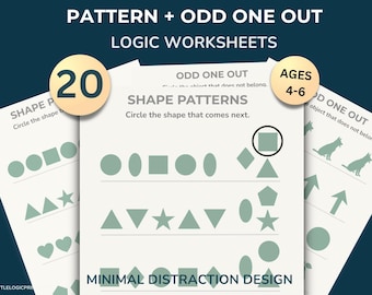 Preschool Logic Worksheets Bundle – Pattern & Odd One Out Activities Ages 4–6 Printable PDF
