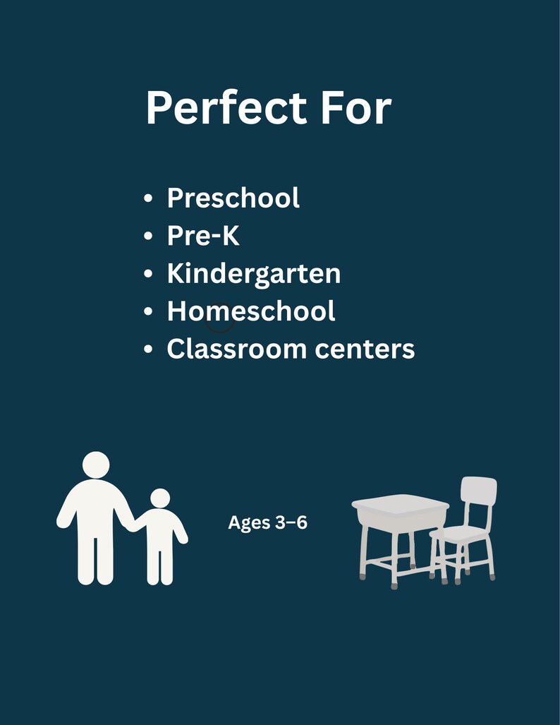 May include: Dark teal graphic with white text reading "Perfect For" followed by a list: Preschool, Pre-K, Kindergarten, Homeschool, and Classroom centers. Includes a graphic of a parent and child, and a desk and chair. The text "Ages 3-6" is also included.