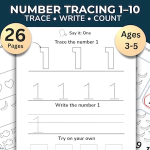 May include: Educational printable worksheet for children aged 3-5, featuring number tracing from 1-10. The pages include tracing, writing, and counting exercises. The worksheet has 26 pages.