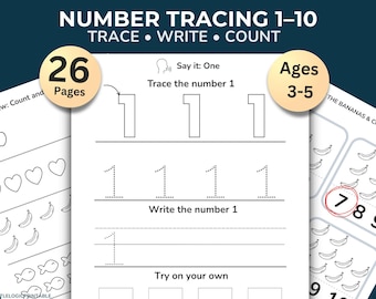 May include: Educational printable worksheet for children aged 3-5, featuring number tracing from 1-10. The pages include tracing, writing, and counting exercises. The worksheet has 26 pages.