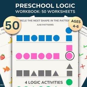 Może przedstawiać: Zeszyt ćwiczeń z logiki dla przedszkolaków z 50 arkuszami dla dzieci w wieku 4-6 lat. Strony zawierają ćwiczenia rozpoznawania kształtów i wzorów, w tym wzory AAB oraz ćwiczenia sprawdzające, czy obrazy są takie same czy różne.