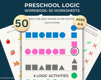May include: Preschool logic workbook with 50 worksheets for ages 4-6. The pages feature shape and pattern recognition exercises, including AAB patterns and activities to identify if pictures are the same or different. The cover displays the text "Preschool Logic".