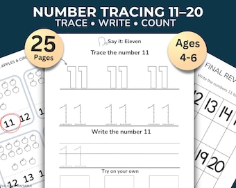 May include: A white worksheet for number tracing, with the text "NUMBER TRACING 11-20". The worksheet includes tracing and writing exercises for the number 11, with the text "Say it: Eleven". The worksheet is for ages 4-6.