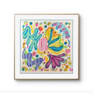 May include: Abstract watercolor painting in a gold frame. The artwork features colorful shapes in blue, yellow, pink, and purple, with a variety of dots and lines. The text "Frameit" is at the bottom.