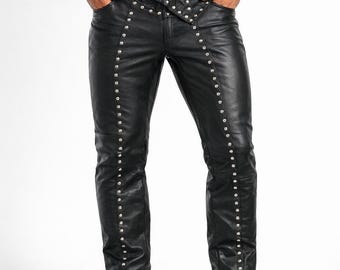 Handmade High Waist Studded Leather Biker Pants – Slim Fit Gothic Trousers