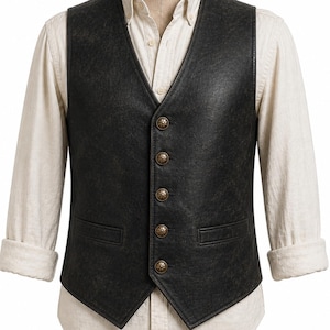 Mens black leather vest on mannequin white background, vintage distressed matte finish minimal western waistcoat
