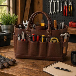 May include: A brown leather tool bag containing tools such as a wrench, pliers, screwdrivers, and a hammer. A yellow Stanley 7.62 m tape measure is visible. The bag has a handle and multiple pockets for tool organisation.