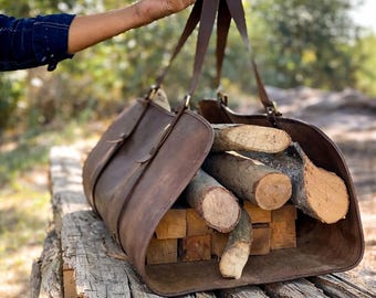 Portalegna in pelle pieno fiore fatto a mano, decorazione rustica per camino