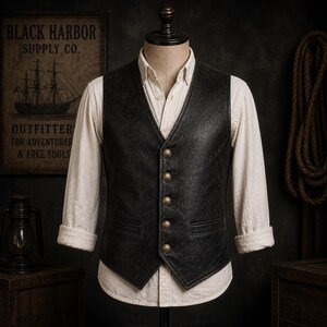 Black leather vest for men on mannequin, vintage distressed matte leather classic western style vest front view