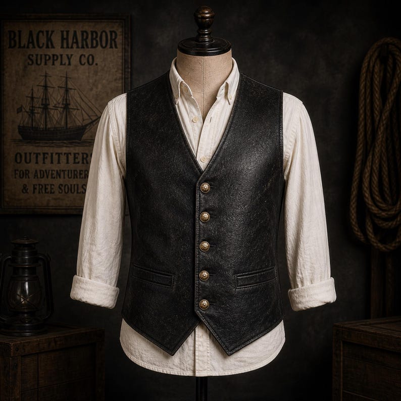 Black leather vest for men on mannequin, vintage distressed matte leather classic western style vest front view