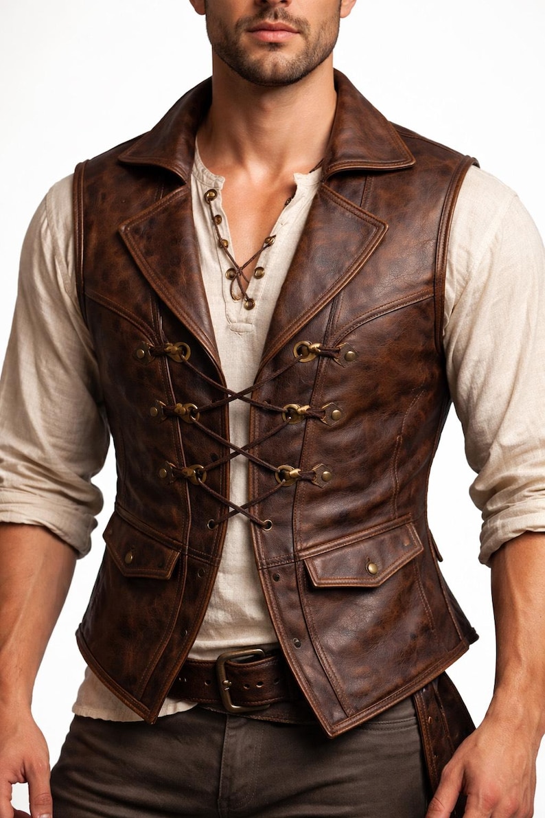 Leather Pirate Vest for Men | Viking Steampunk Gothic Vest | Renaissance Fair LARP Costume | Men's Leather Vest