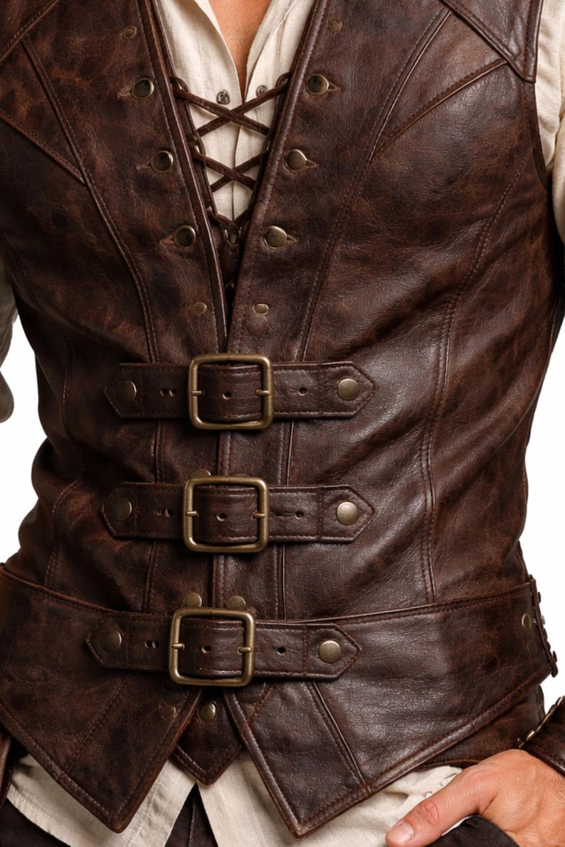Men’s Leather Pirate Vest, Viking Steampunk Gothic Vest, Renaissance Fair LARP Costume, Handmade Leather Vest for Men