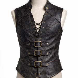 Pode incluir: Um colete de couro castanho escuro com gola alta e costuras decorativas. O colete apresenta uma frente com atacadores, três fivelas de latão e rebites de latão. O colete é exibido em um manequim.