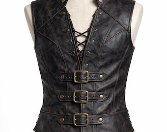 Colete de couro masculino estilo pirata, colete viking steampunk gótico, fantasia para LARP de feira renascentista, colete de couro feito à mão para homens.