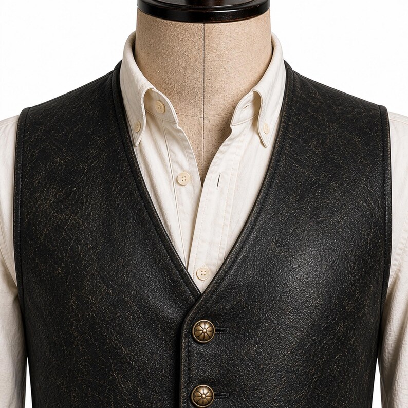 Close up of black leather vest V neck detail, vintage distressed matte texture with clean stitching finish