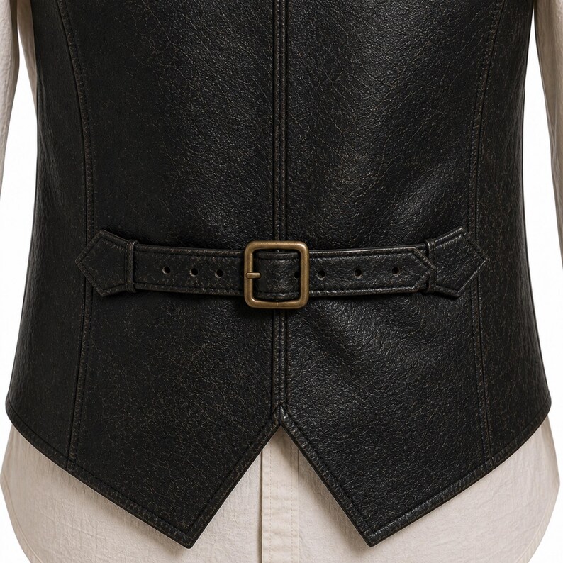 Close up of adjustable back strap on leather vest, antique brass buckle vintage black distressed leather detail