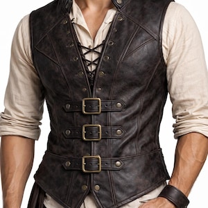 Men’s Leather Pirate Vest, Viking Steampunk Gothic Vest, Renaissance Fair LARP Costume, Handmade Leather Vest for Men
