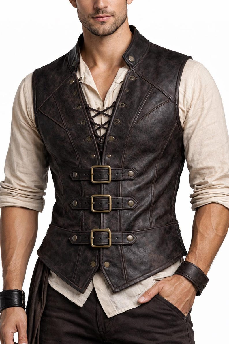 Men’s Leather Pirate Vest, Viking Steampunk Gothic Vest, Renaissance Fair LARP Costume, Handmade Leather Vest for Men