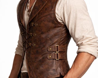 Colete de couro pirata masculino | Colete viking steampunk gótico | Traje para feira renascentista e LARP | Colete de couro masculino