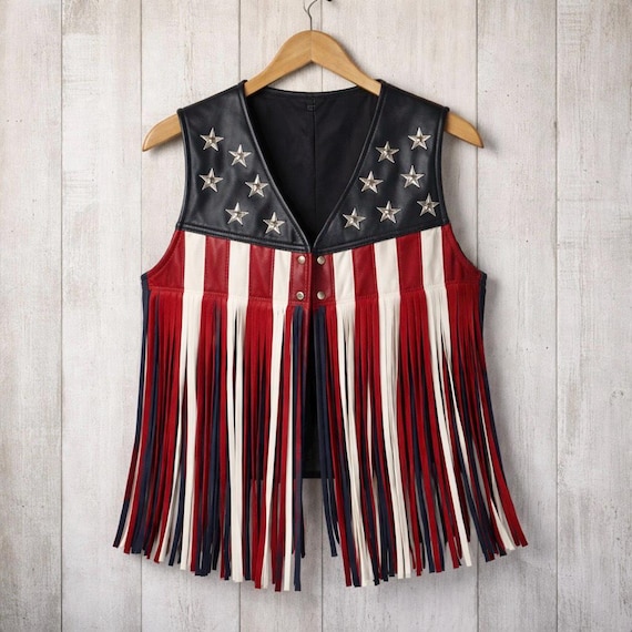 American Flag Fringe Leather Vest for Women, Patriotic Western Biker Vest, 4th of July Festival Outfit USA